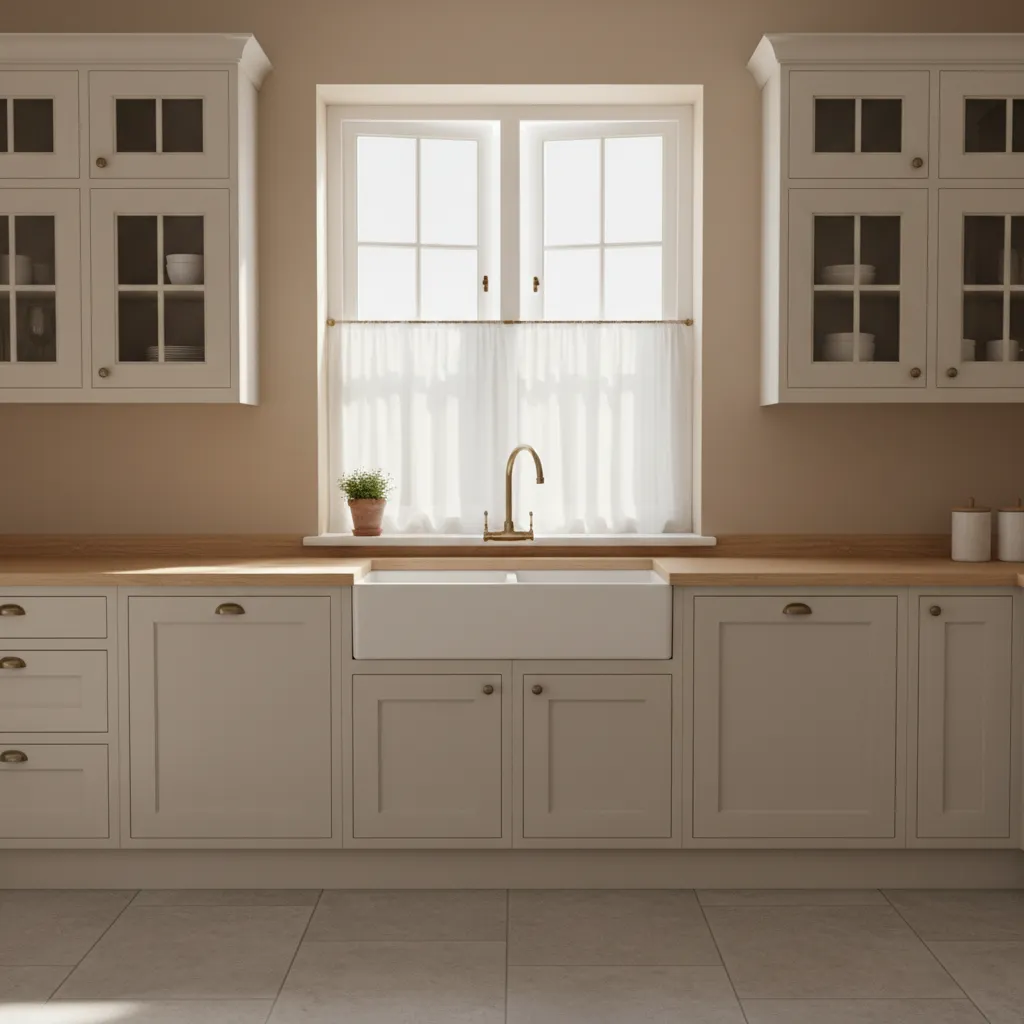 Kitchen window with cafe curtains allowing natural daylight