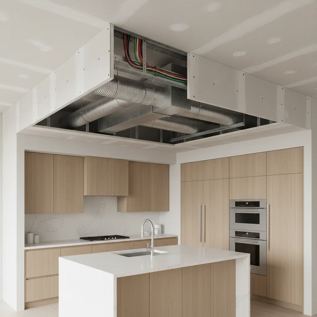 Kitchen ceiling bulkhead diagram showing hidden ducts and wiring