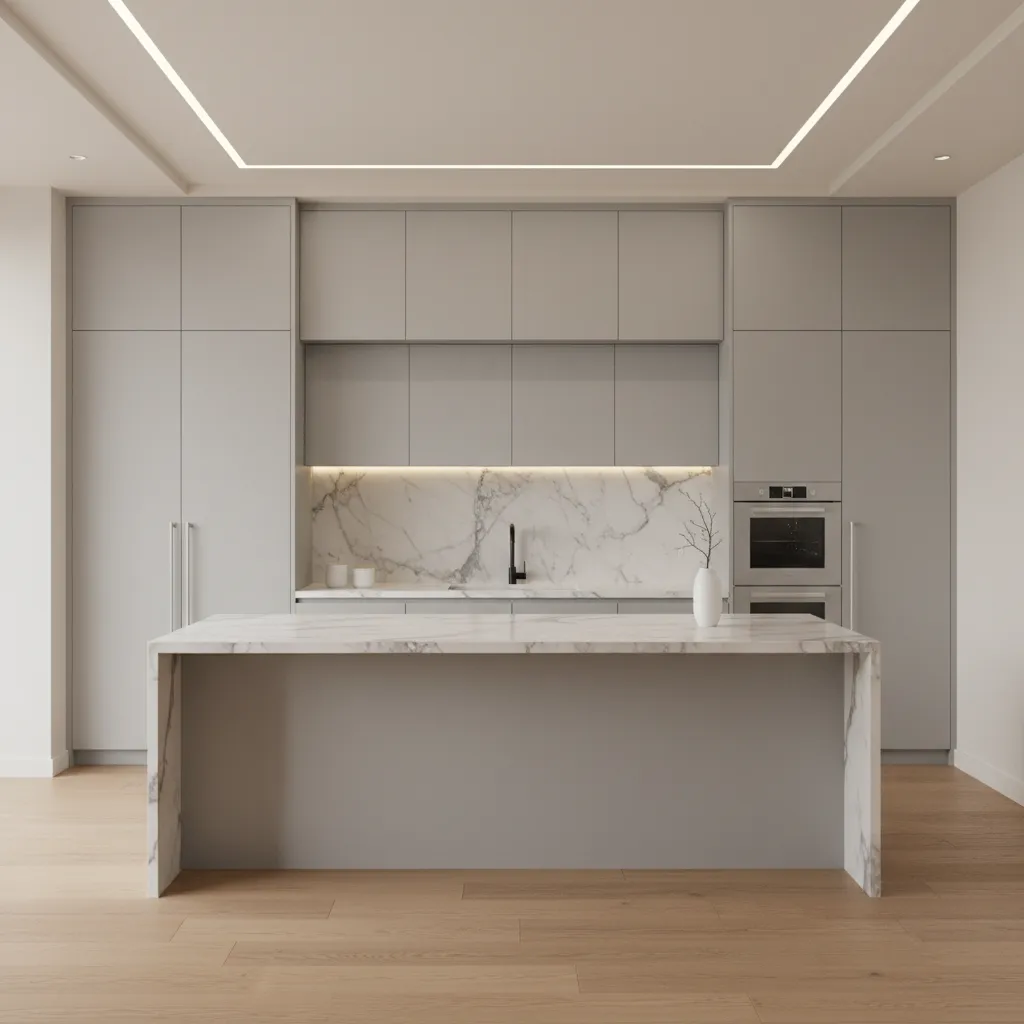 Kitchen with recessed lighting and tall cabinets after soffit removal