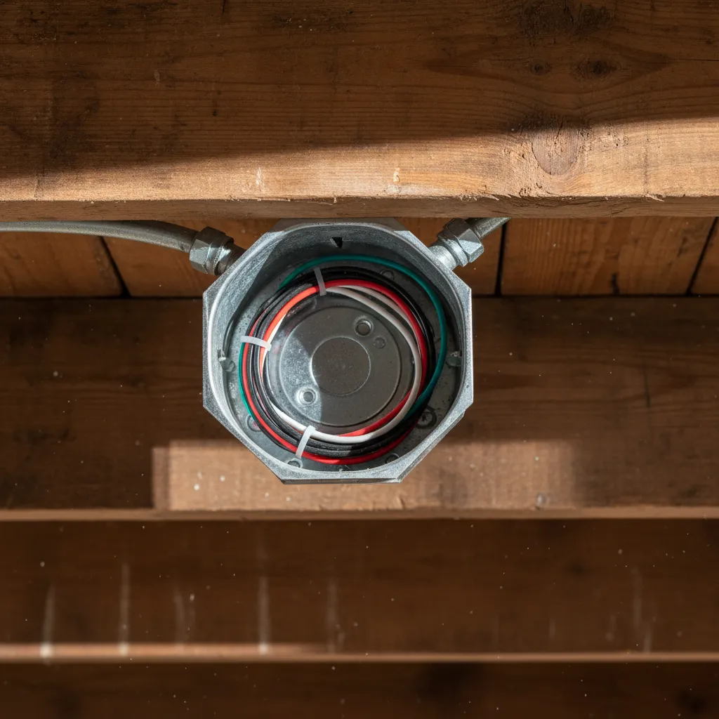 close up of ceiling electrical junction box used for kitchen light fixture