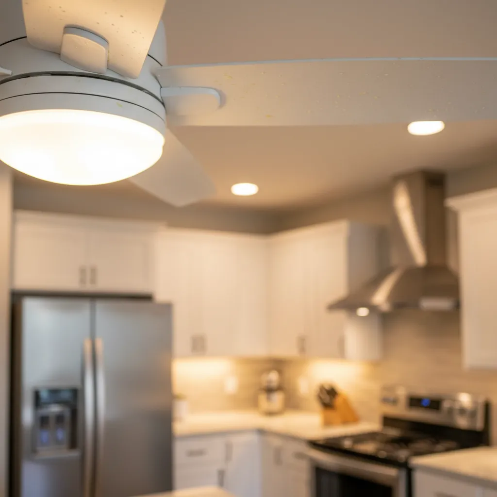 kitchen ceiling fan blades with visible grease buildup