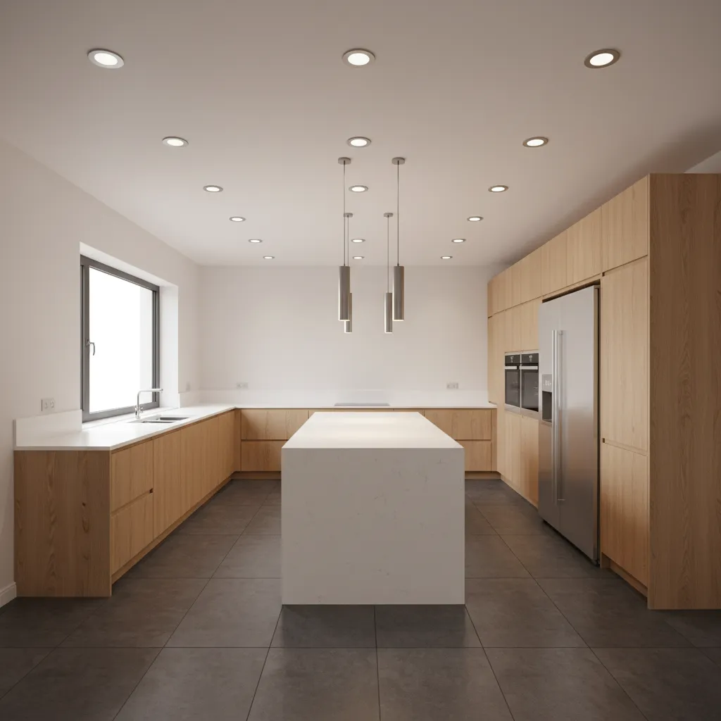kitchen ceiling lighting layout with recessed lights and island pendants over dark floor