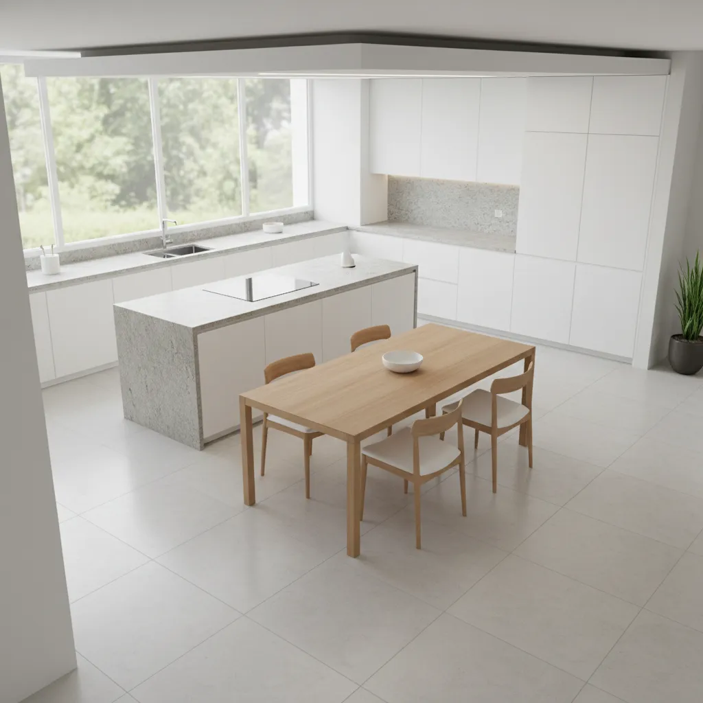 Kitchen layout showing clear walking space around a center table