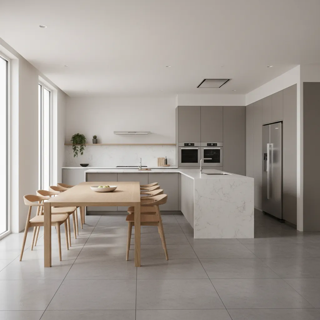 Open kitchen layout showing a dining table in the center with clear walkways