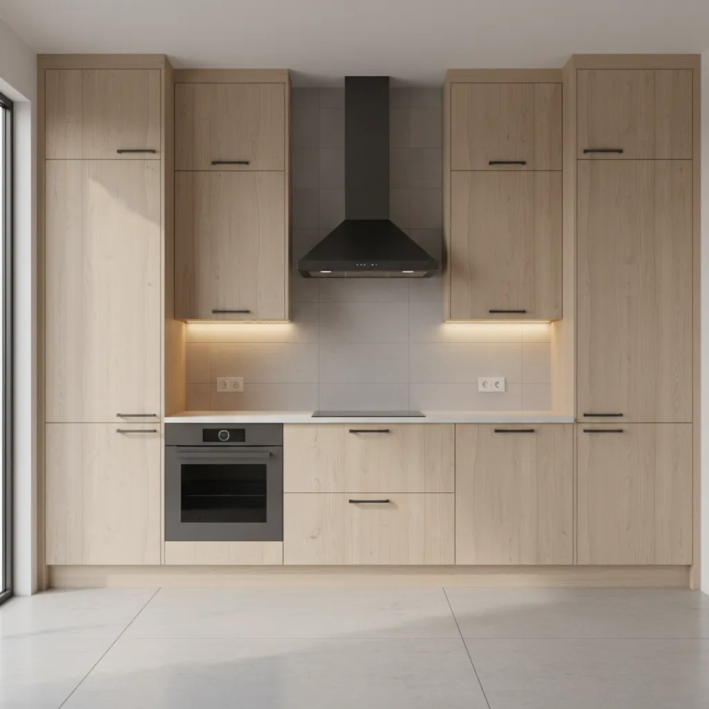 symmetrical cabinets around a kitchen chimney