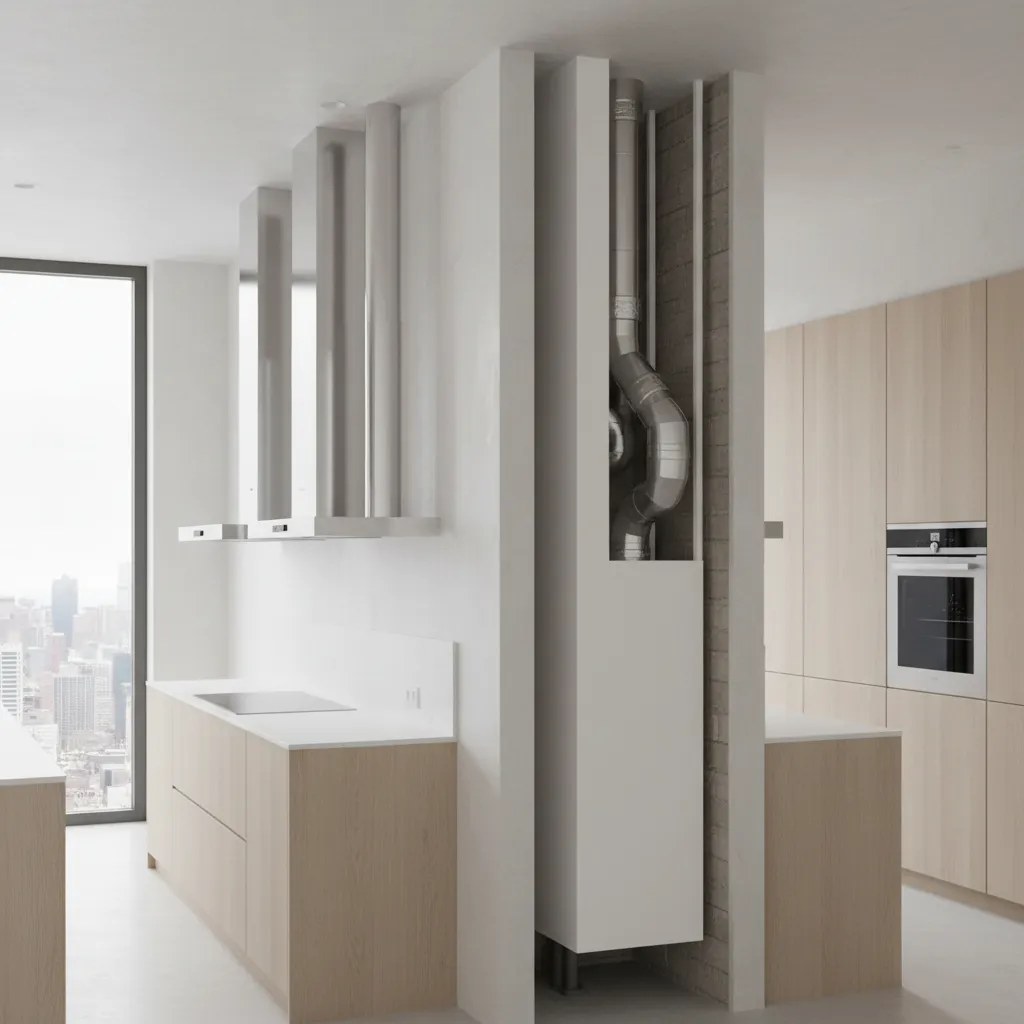 Kitchen chimney duct layout showing straight and bent duct routes