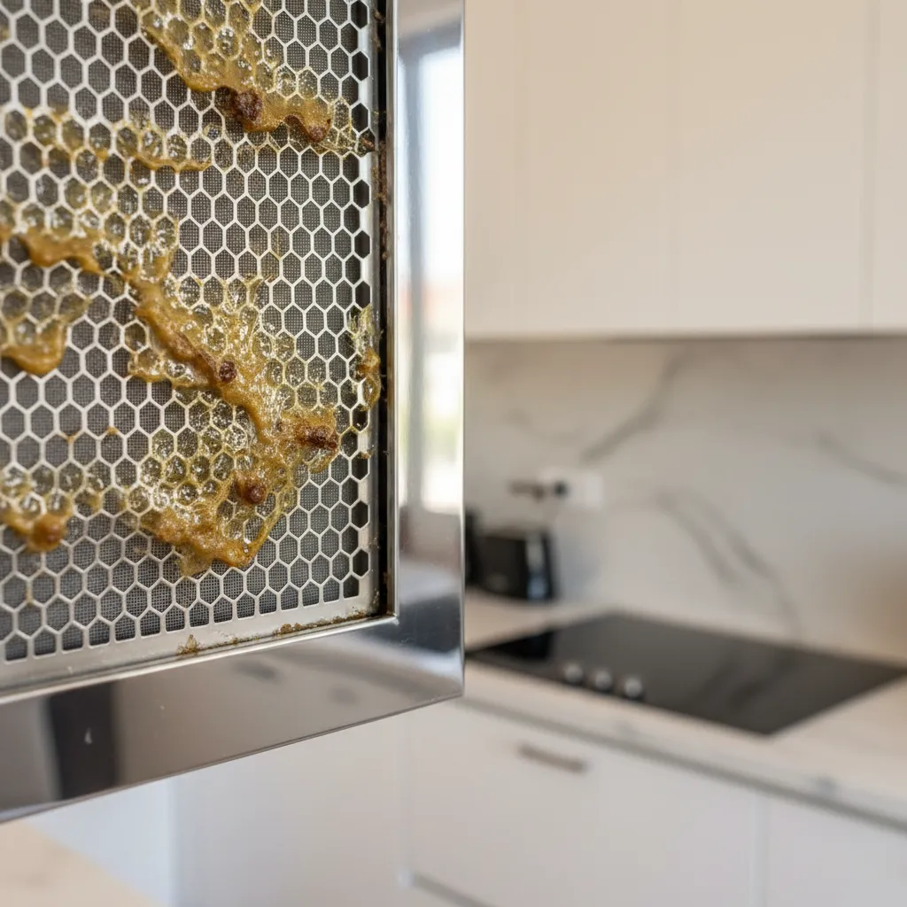 close view of grease buildup on stainless steel kitchen chimney filter