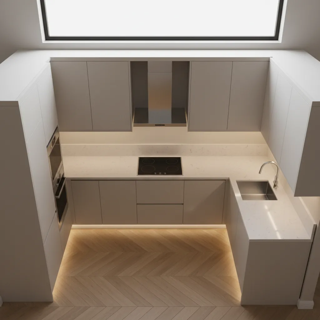 kitchen layout showing chimney above cooktop with cabinets