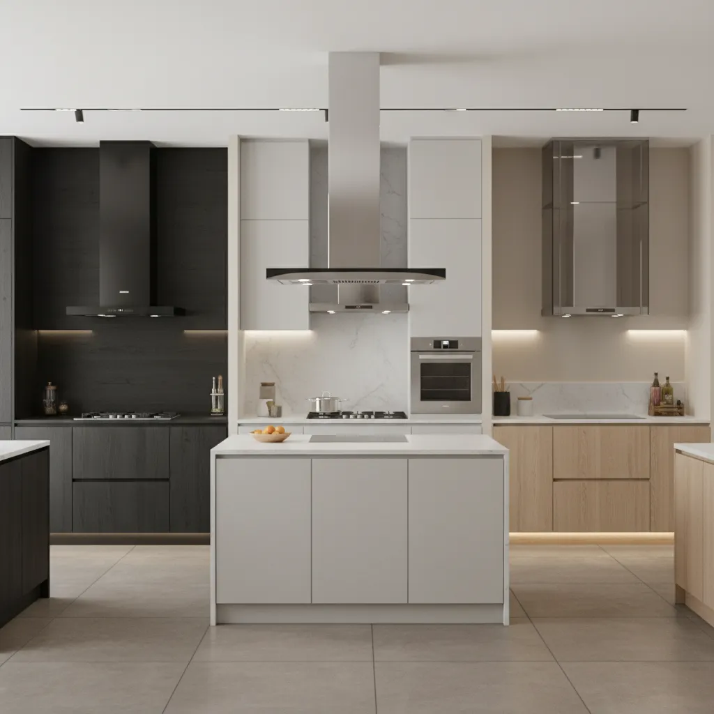 Kitchen chimneys in glass steel and matte black finishes