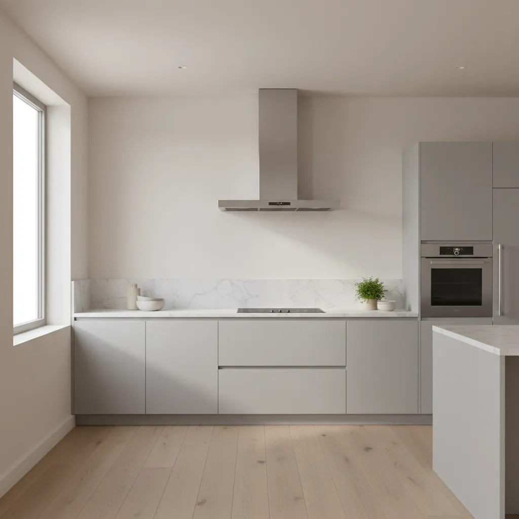 Modern kitchen chimney installed above cooking range in contemporary kitchen