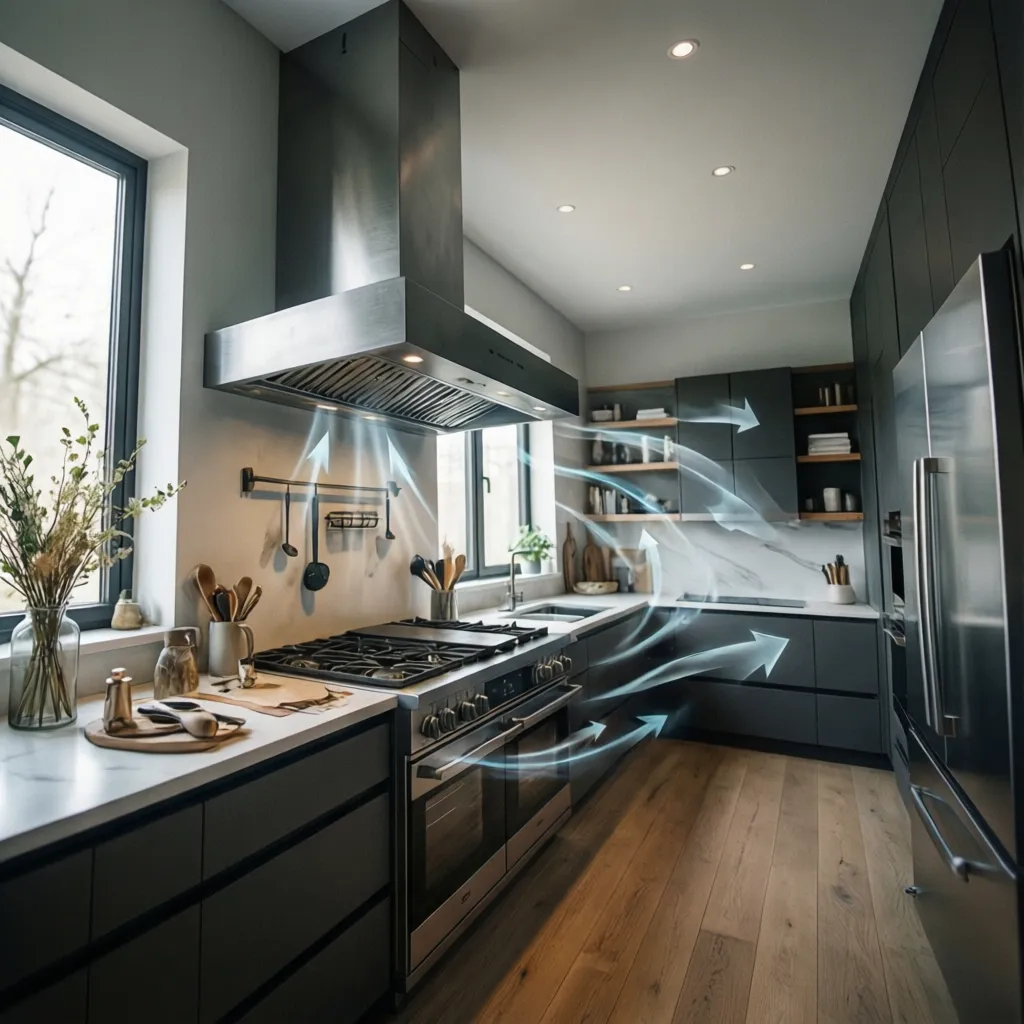 Properly installed kitchen chimney above cooktop showing ventilation layout