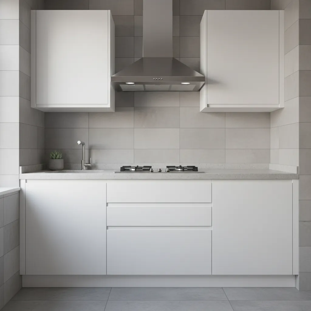 60 cm chimney above two burner stove in small kitchen