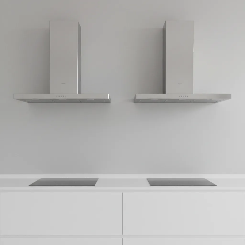 visual comparison of 60 cm and 75 cm kitchen chimney sizes above stove