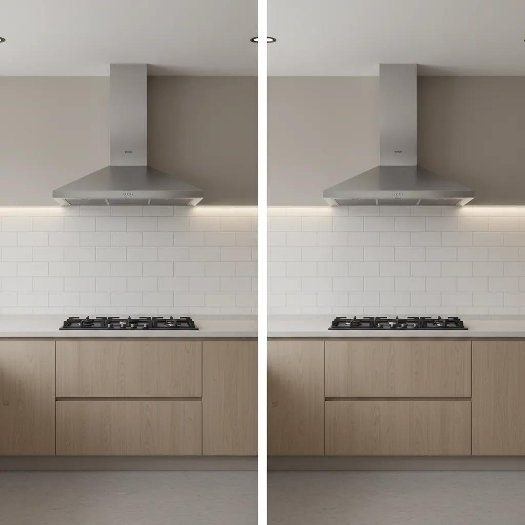 comparison of 60cm and 90cm kitchen chimney above cooktop