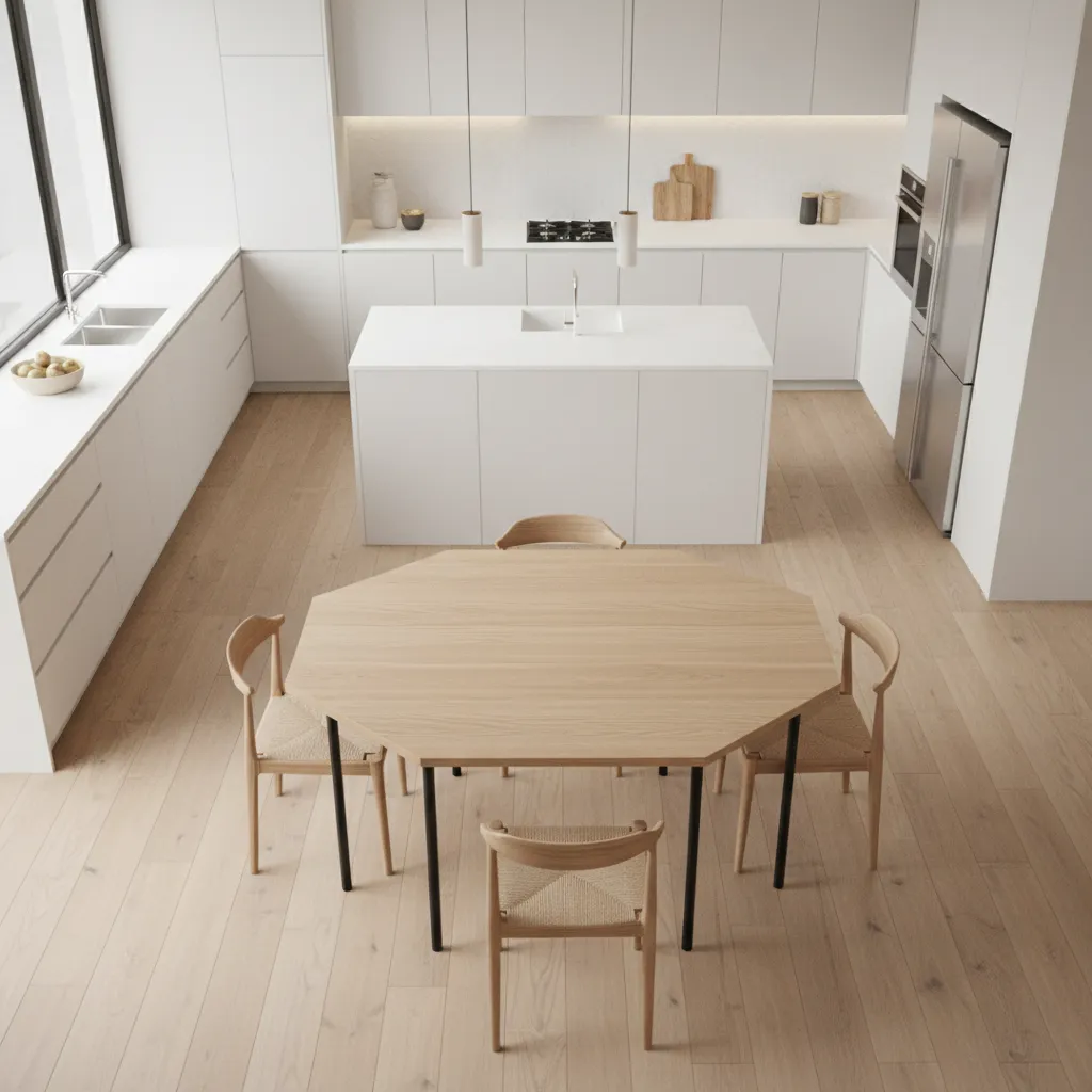 kitchen layout illustrating walking clearance around hexagon table