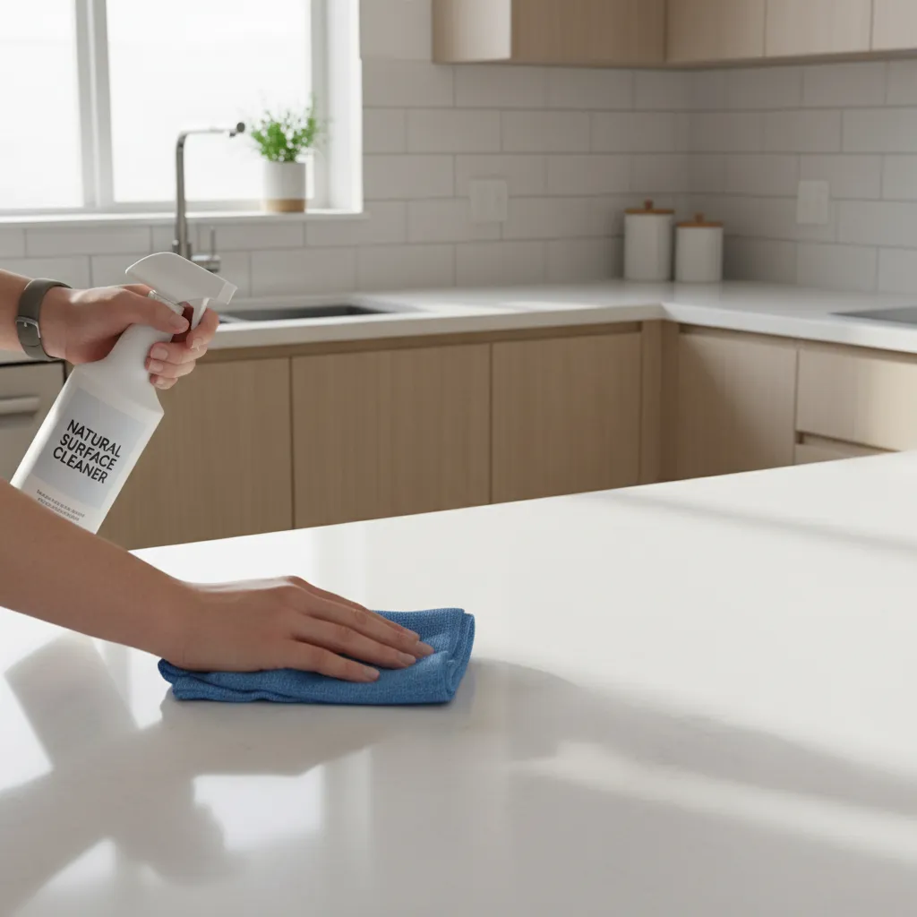 Person cleaning a kitchen countertop with spray cleaner and cloth