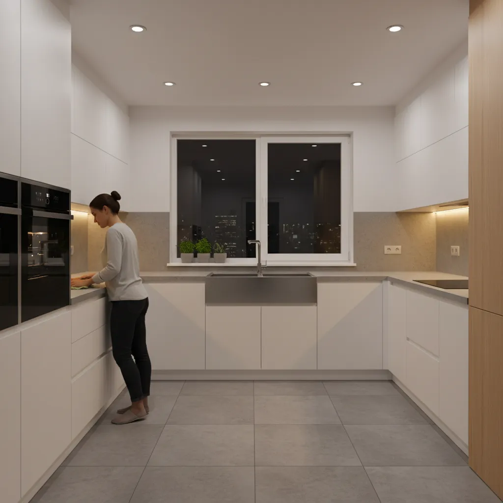 Homeowner cleaning kitchen counter and sink at night to prevent cockroaches