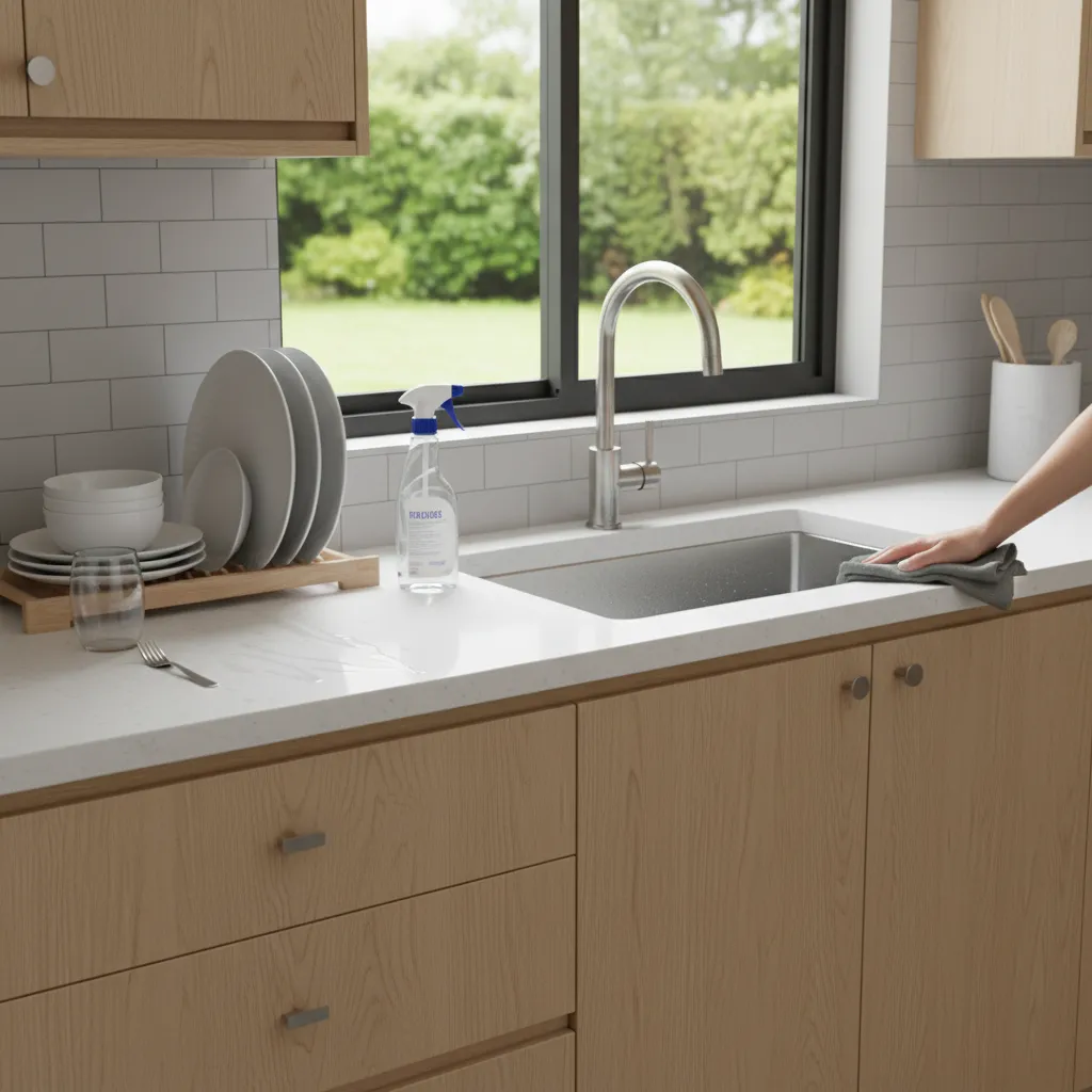 clean kitchen counter and sink area showing proper sanitation to prevent cockroaches