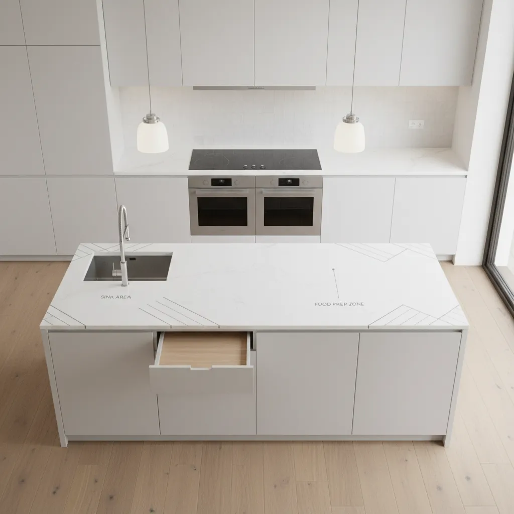 Modern kitchen layout showing sink zone and food prep zone