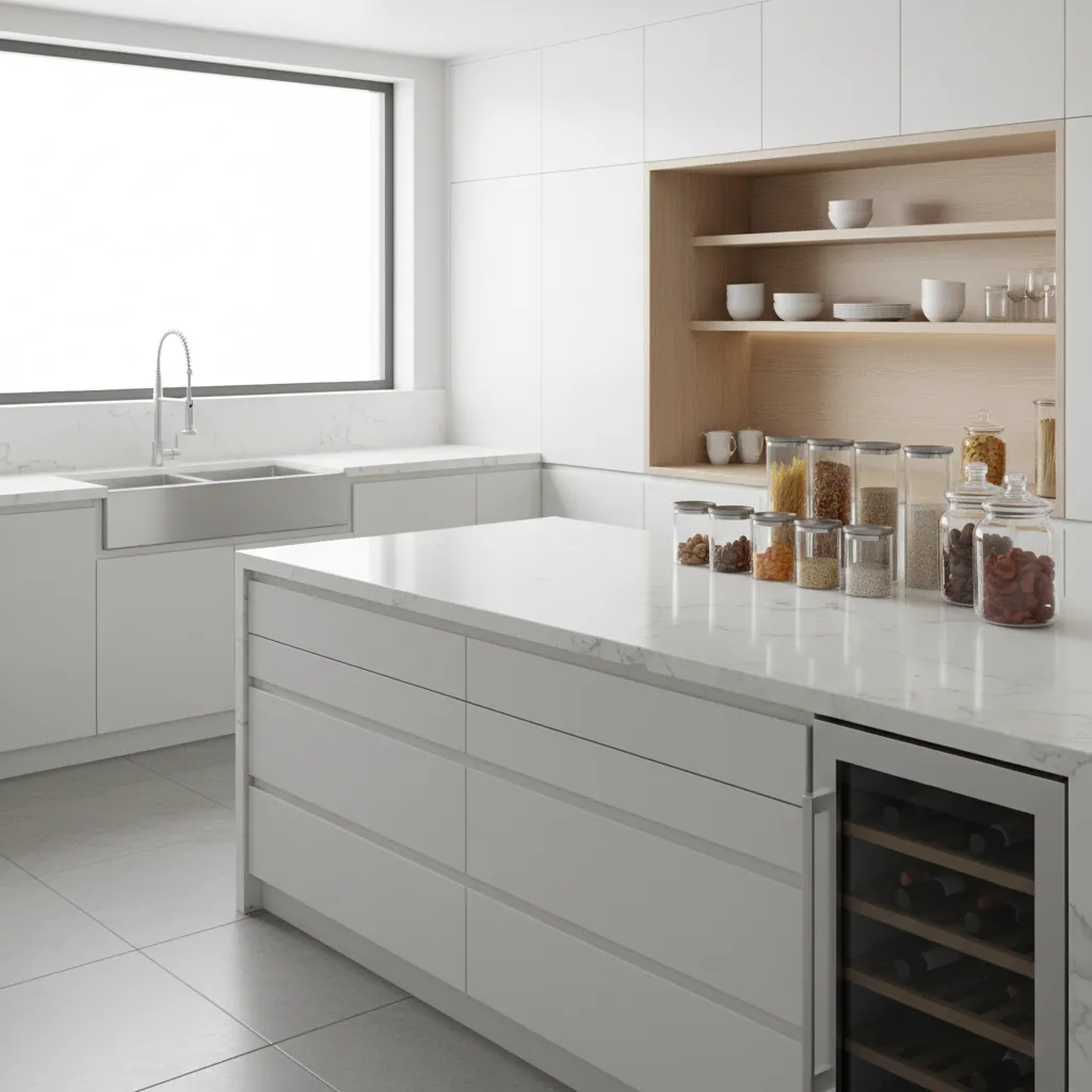 clean organized kitchen counter and cabinets preventing cockroach infestation