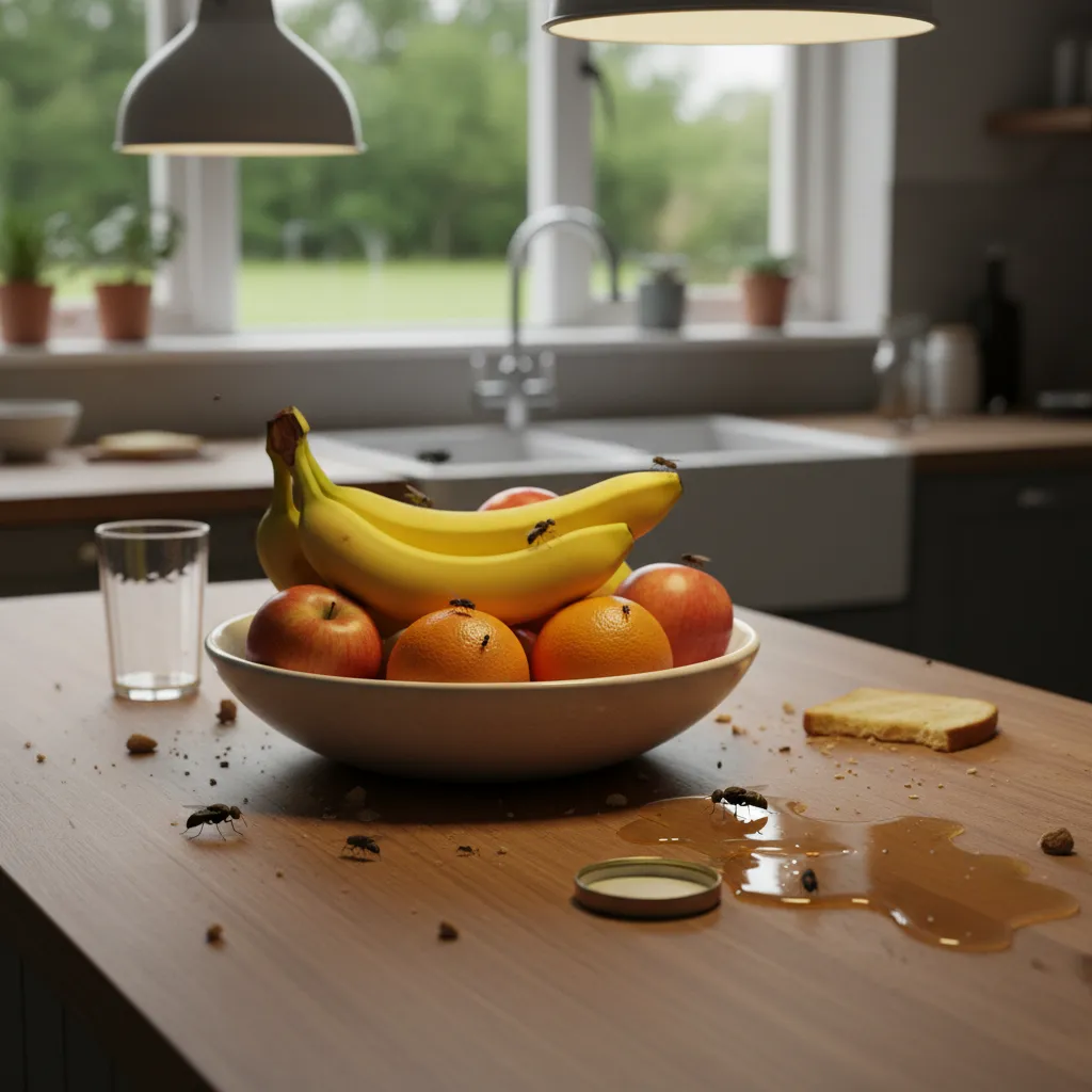 cluttered kitchen counter with fruit and crumbs attracting small insects