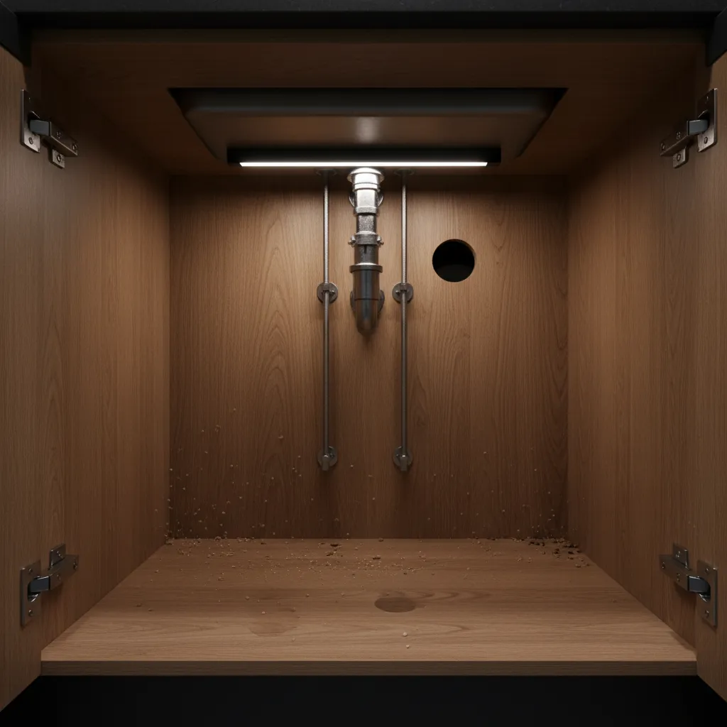 under sink kitchen cabinet area where small cockroaches typically hide