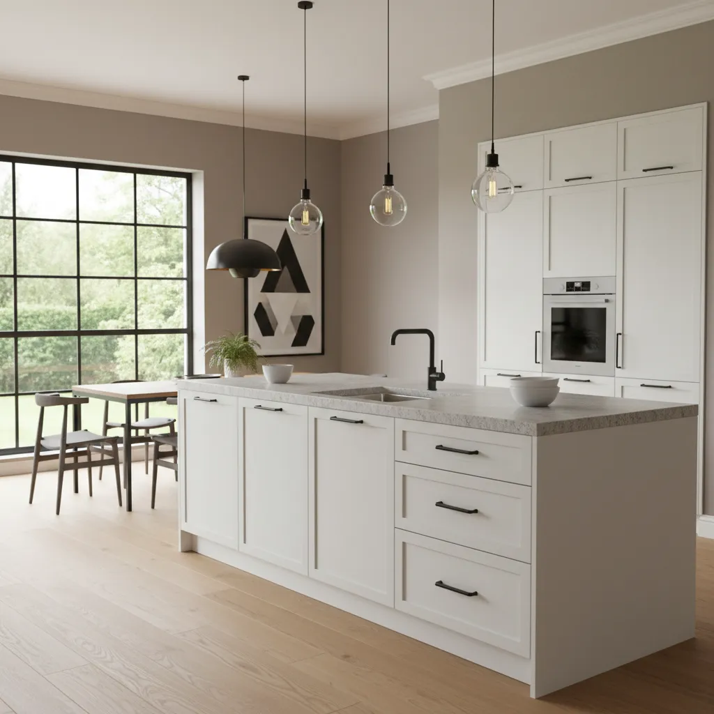 Layered kitchen design with white cabinets darker wall paint