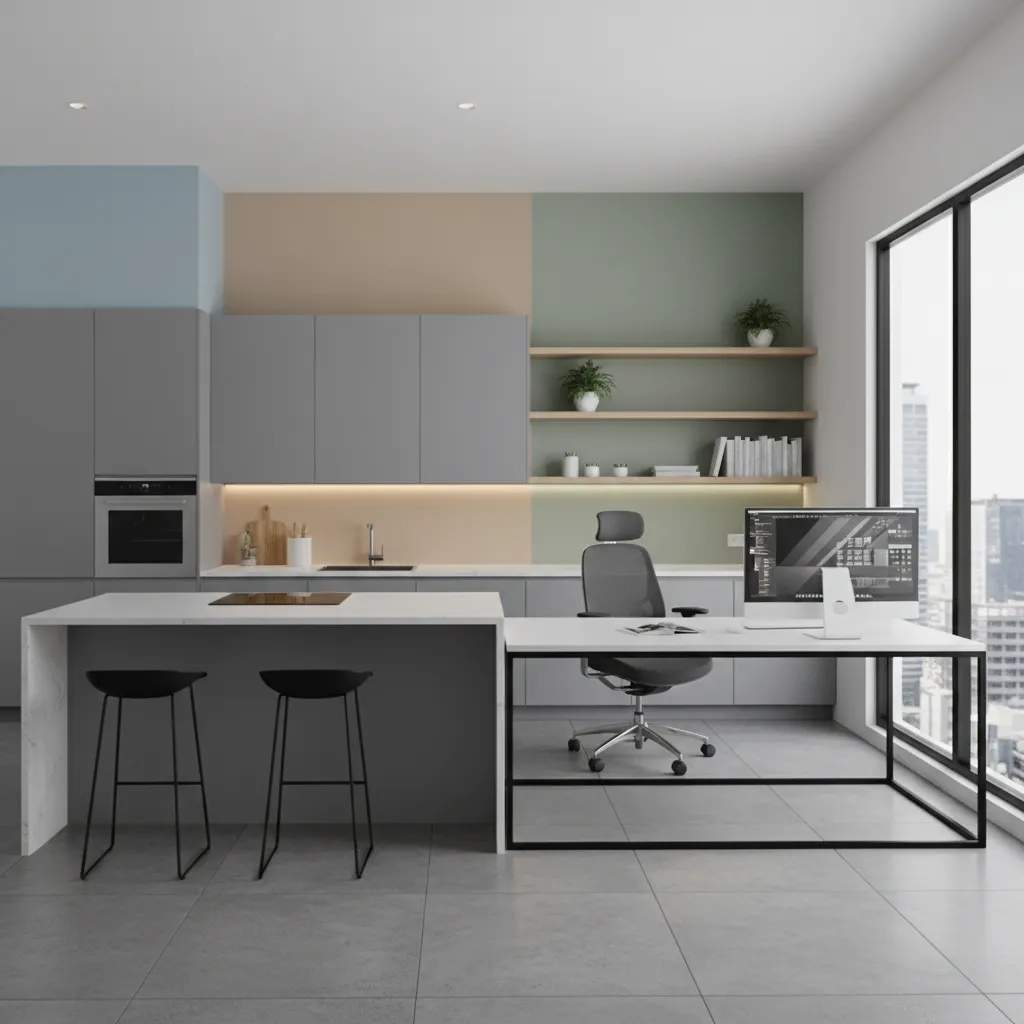 3D rendered kitchen preview showing gray cabinets and multiple wall color options