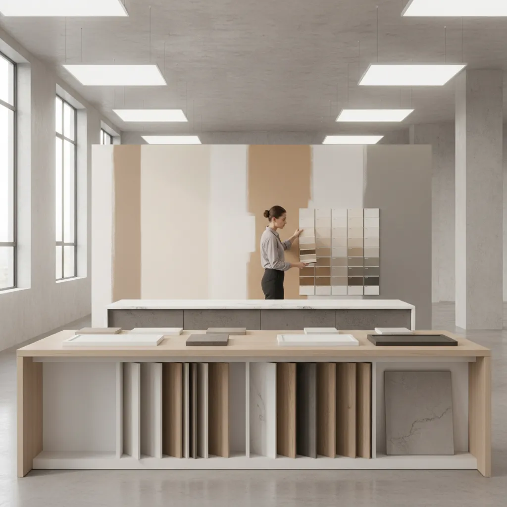 designer reviewing kitchen paint samples against cabinets and countertops