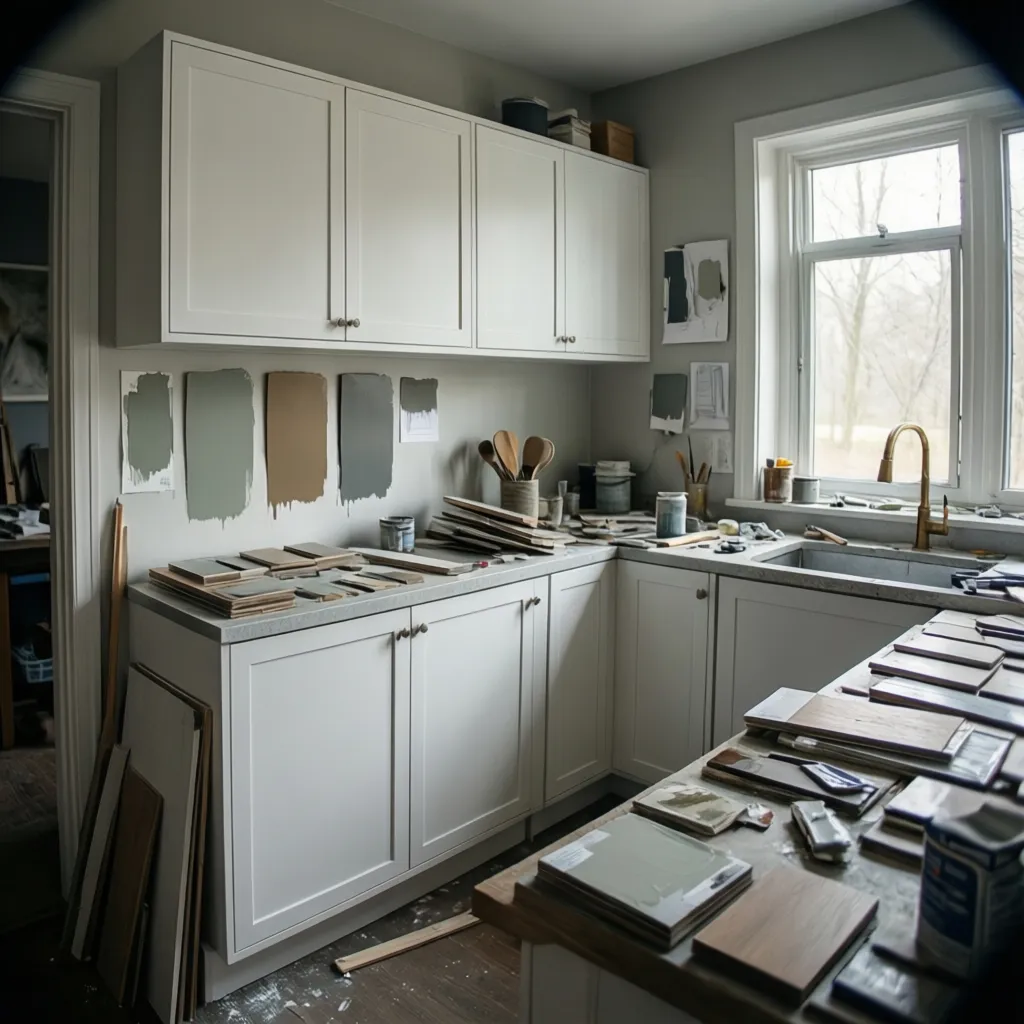 kitchen wall paint samples next to white cabinets