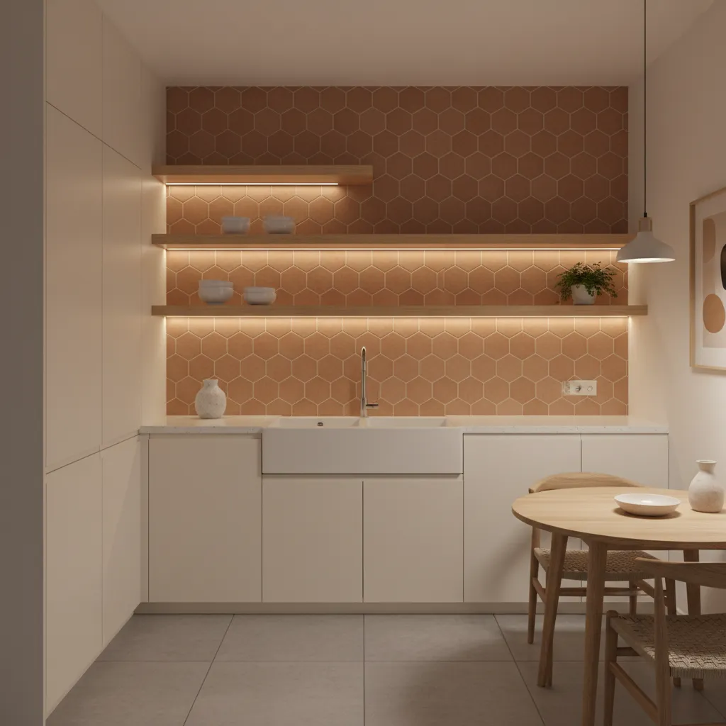 small kitchen with cream cabinets and terracotta accents