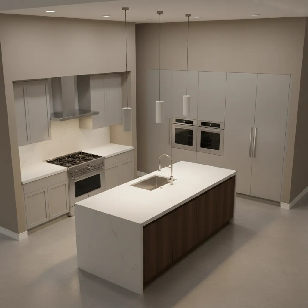 Kitchen layout visualization showing cabinet layout and wall colour planning