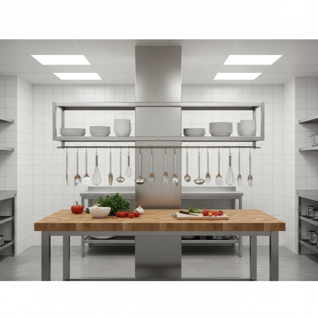 commercial kitchen column with mounted shelves and hanging utensil rails