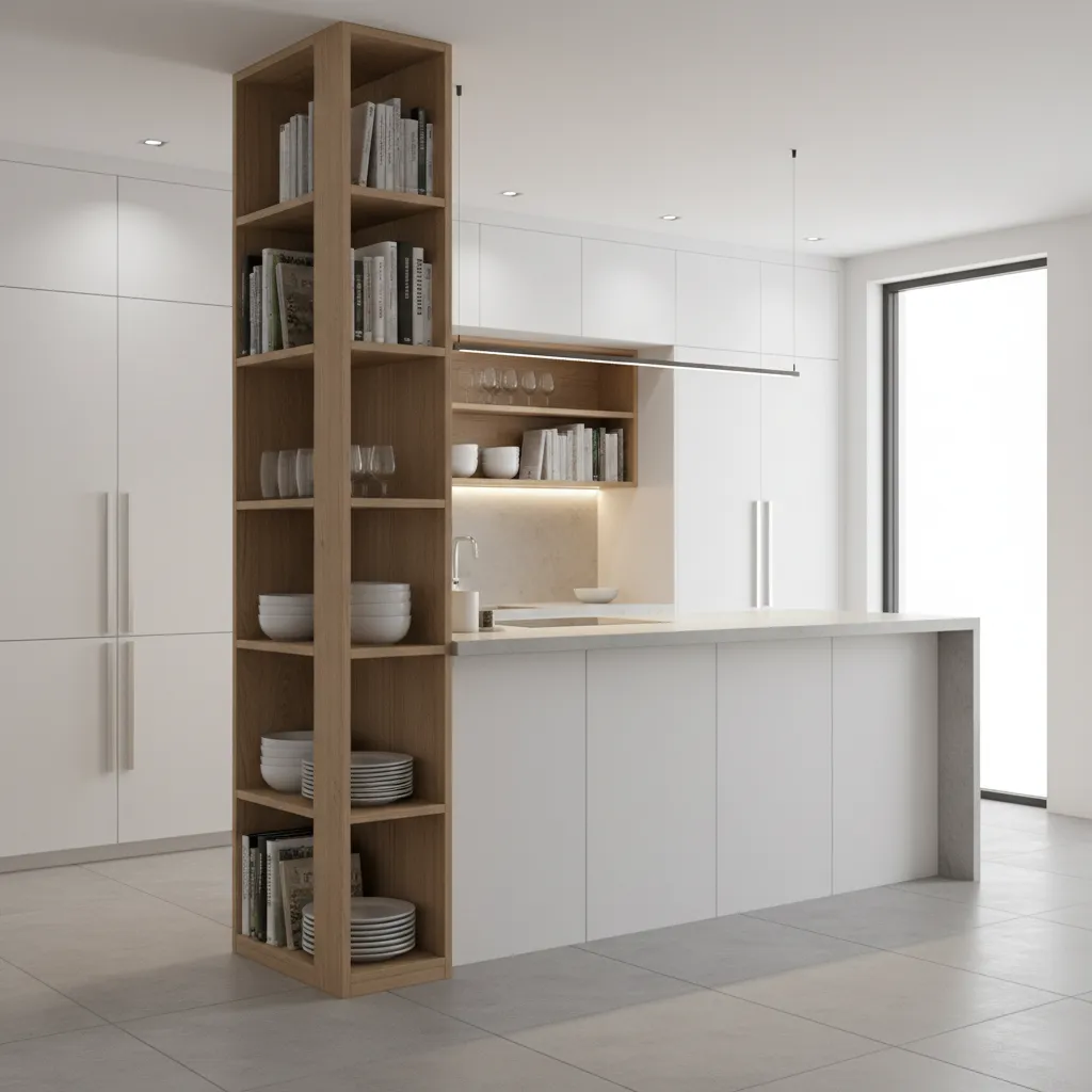 Kitchen island column with integrated open shelving for storage