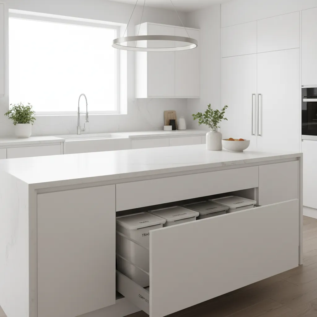 Kitchen island waste system with compost container and recycling bin