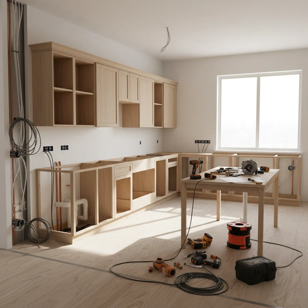 Kitchen renovation under construction with cabinets and wiring visible