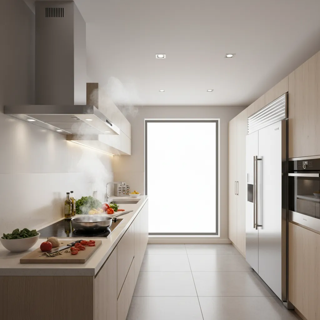 Kitchen range hood capturing cooking smoke during active cooking