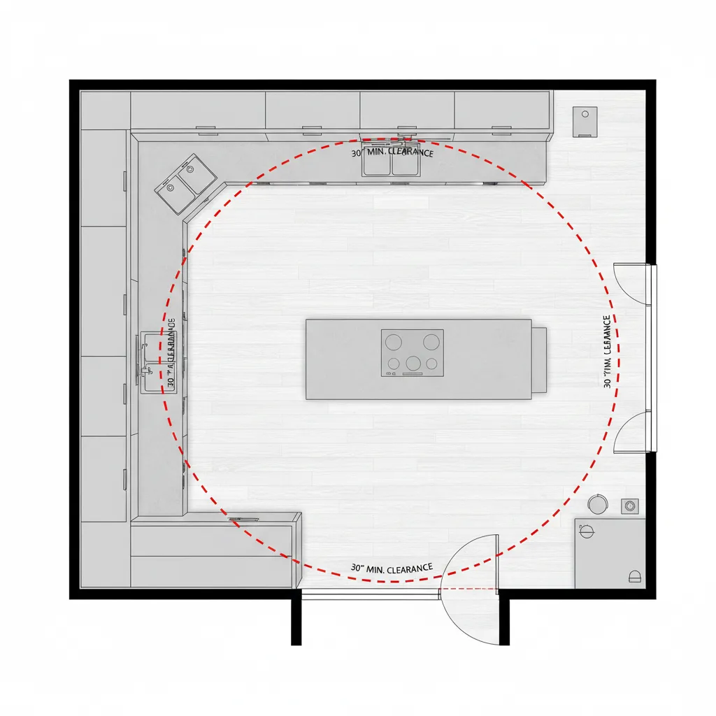 Kitchen layout showing correct spacing for corner cabinet clearance