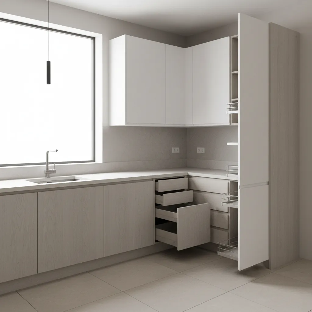 Modern kitchen corner featuring white upper cabinets, light wood lower drawers, sink, and large window