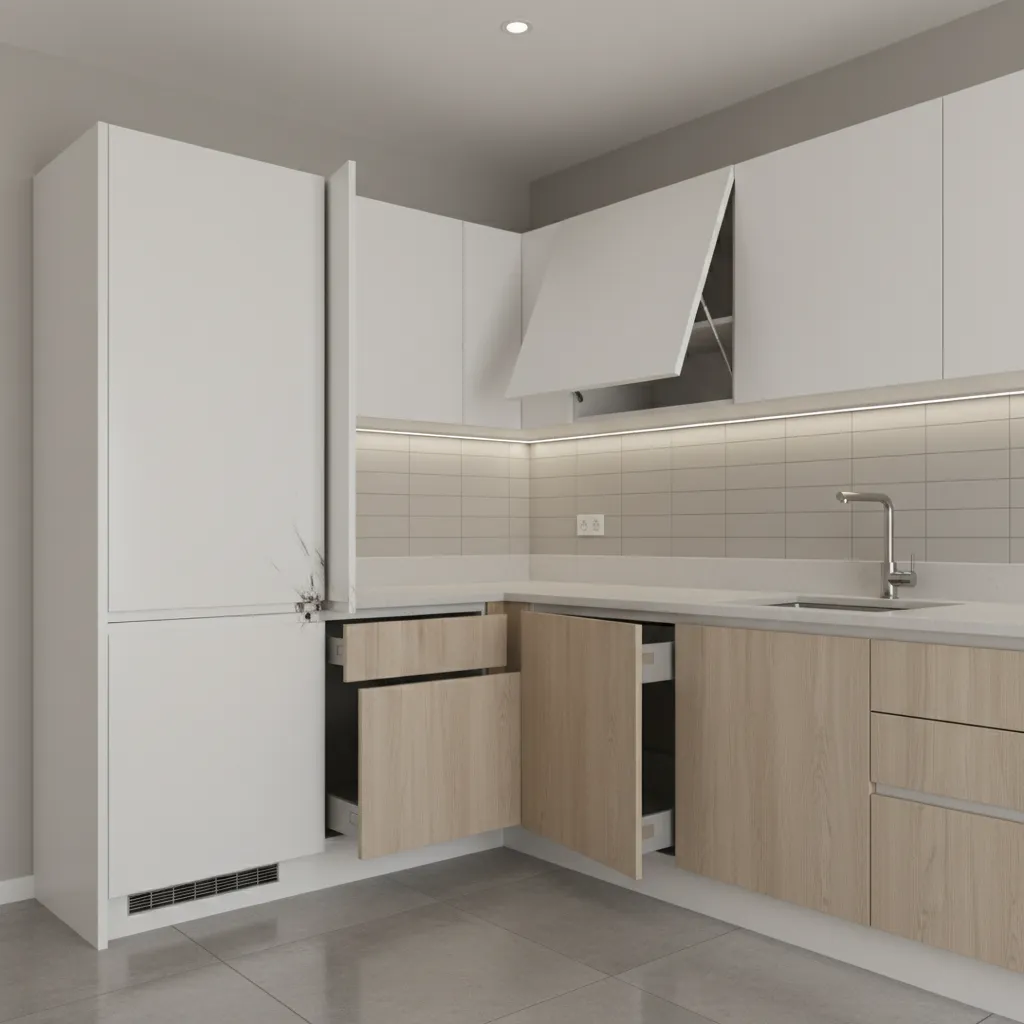 3D visualization showing corner cabinet door collision problem