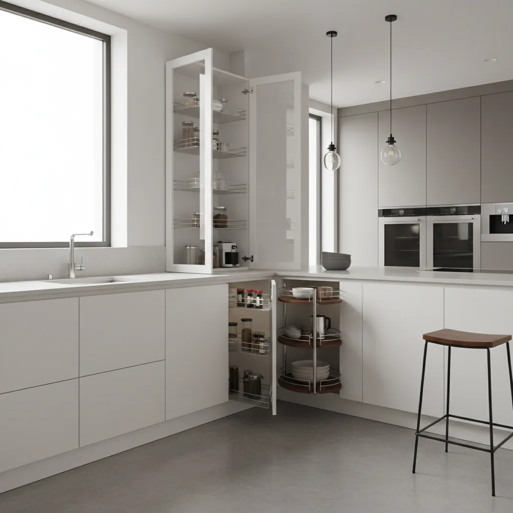 White modern kitchen with open corner cabinet storage glass wall cabinet ceiling lights and wooden stool