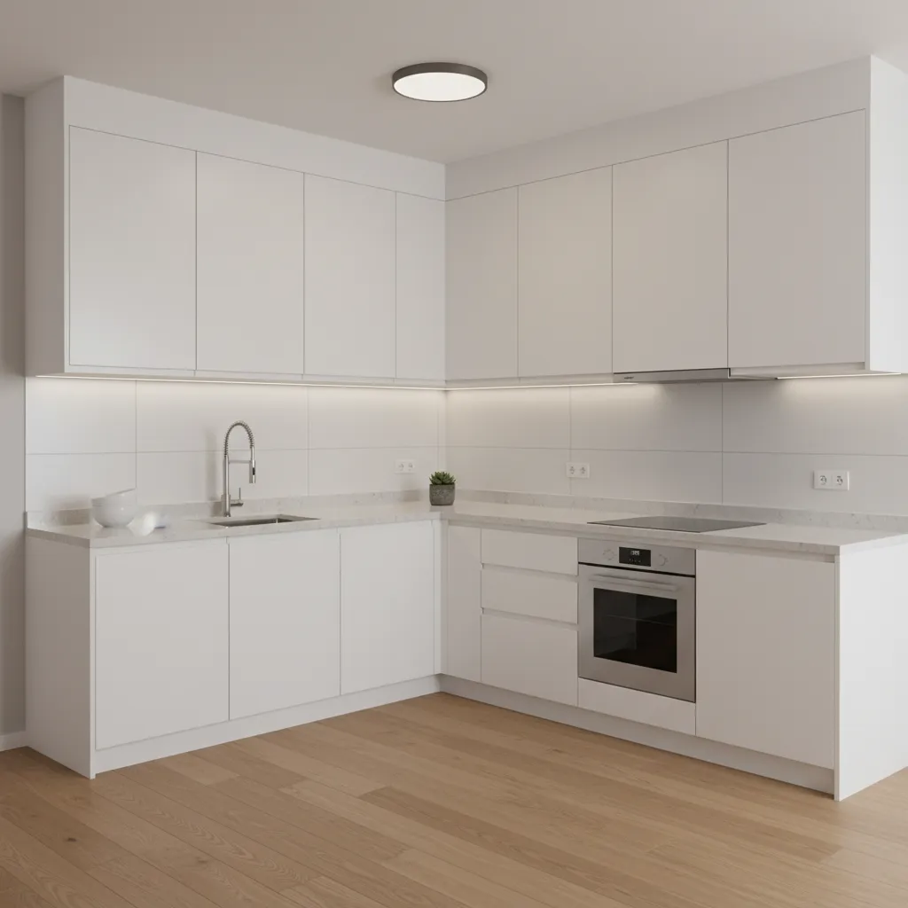 kitchen corner cabinet configuration showing L shaped cabinet layout