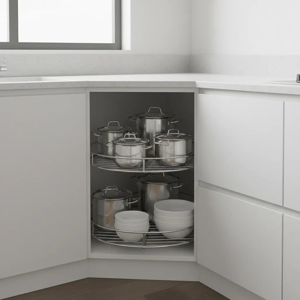 Kitchen corner cabinet with rotating lazy susan storage shelves