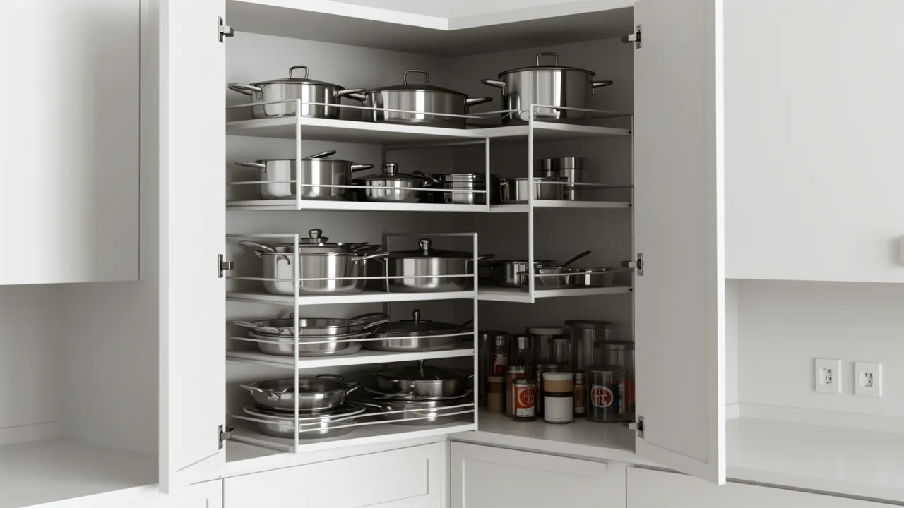 Kitchen corner cabinet with pull-out organizer system