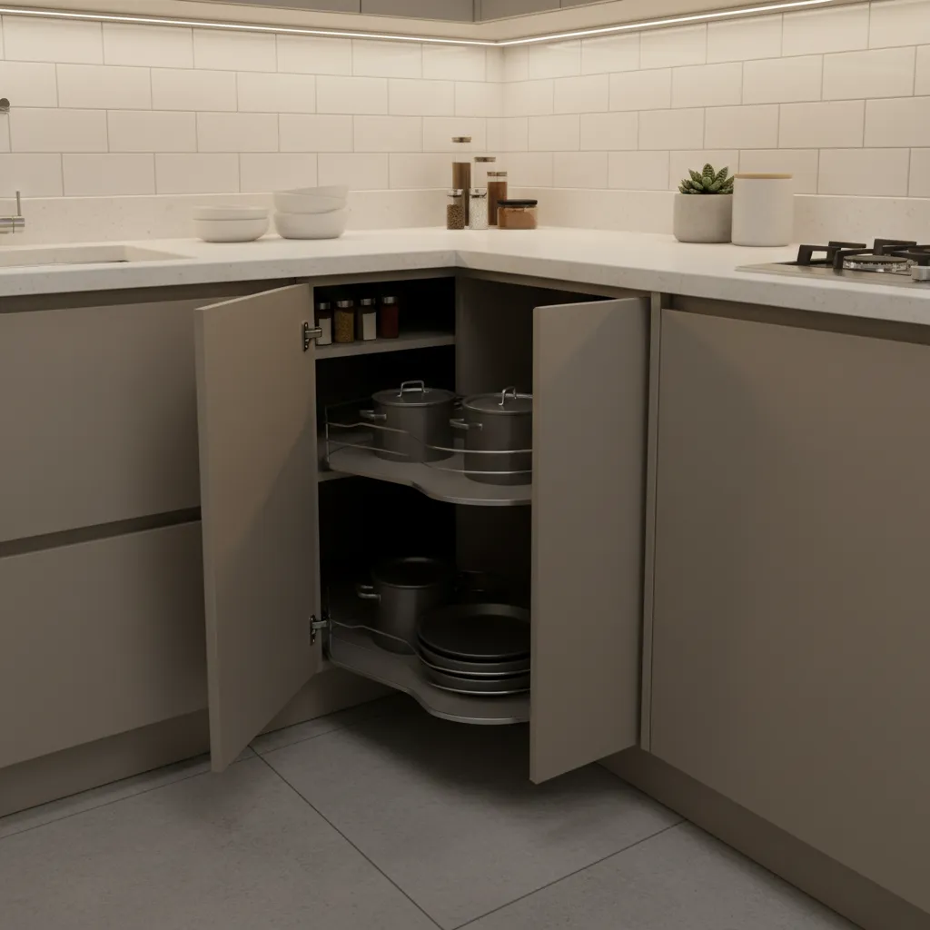 corner cabinet storage challenge in L shaped kitchen layout