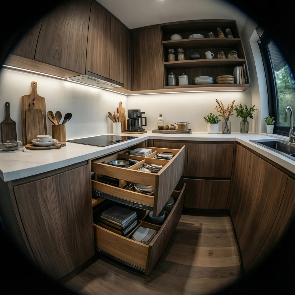 Corner cabinet storage solution in L shaped kitchen layout