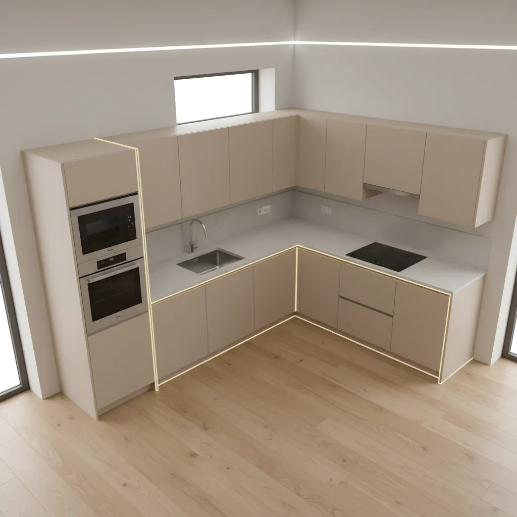 3D kitchen layout plan highlighting corner cabinet placement