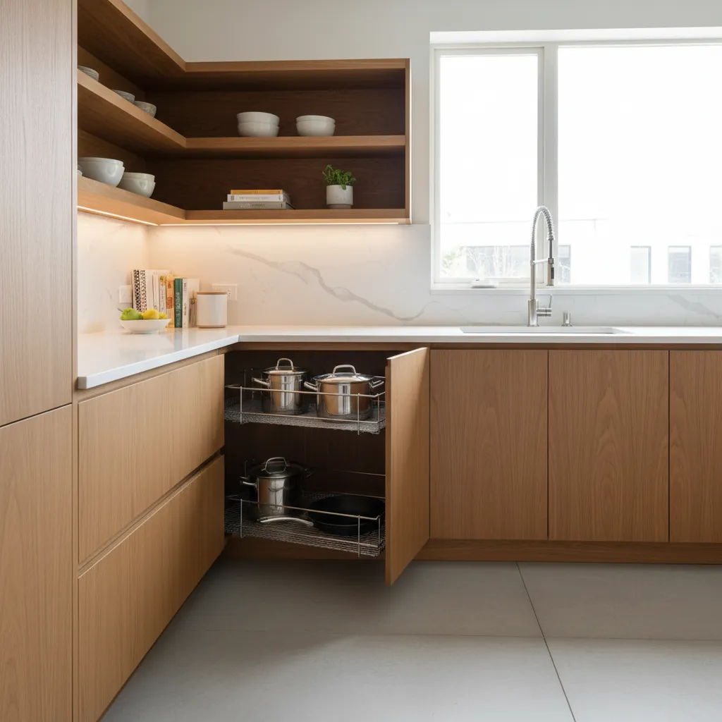 Modern wood kitchen corner with open shelves, white countertop, window sink, and metal pot pullout