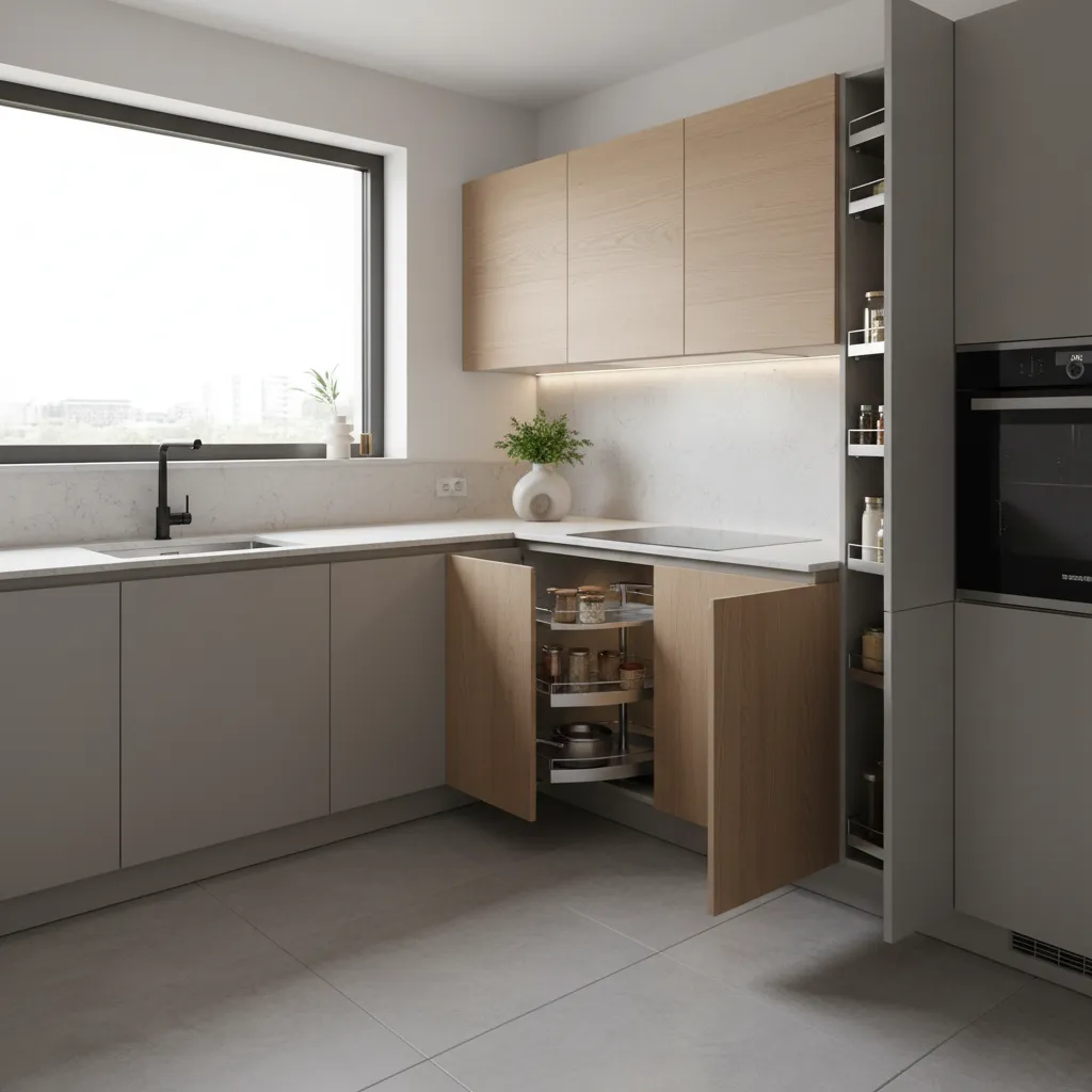 Modern kitchen featuring light wood upper cabinets and rotating pull out corner cabinet storage solution