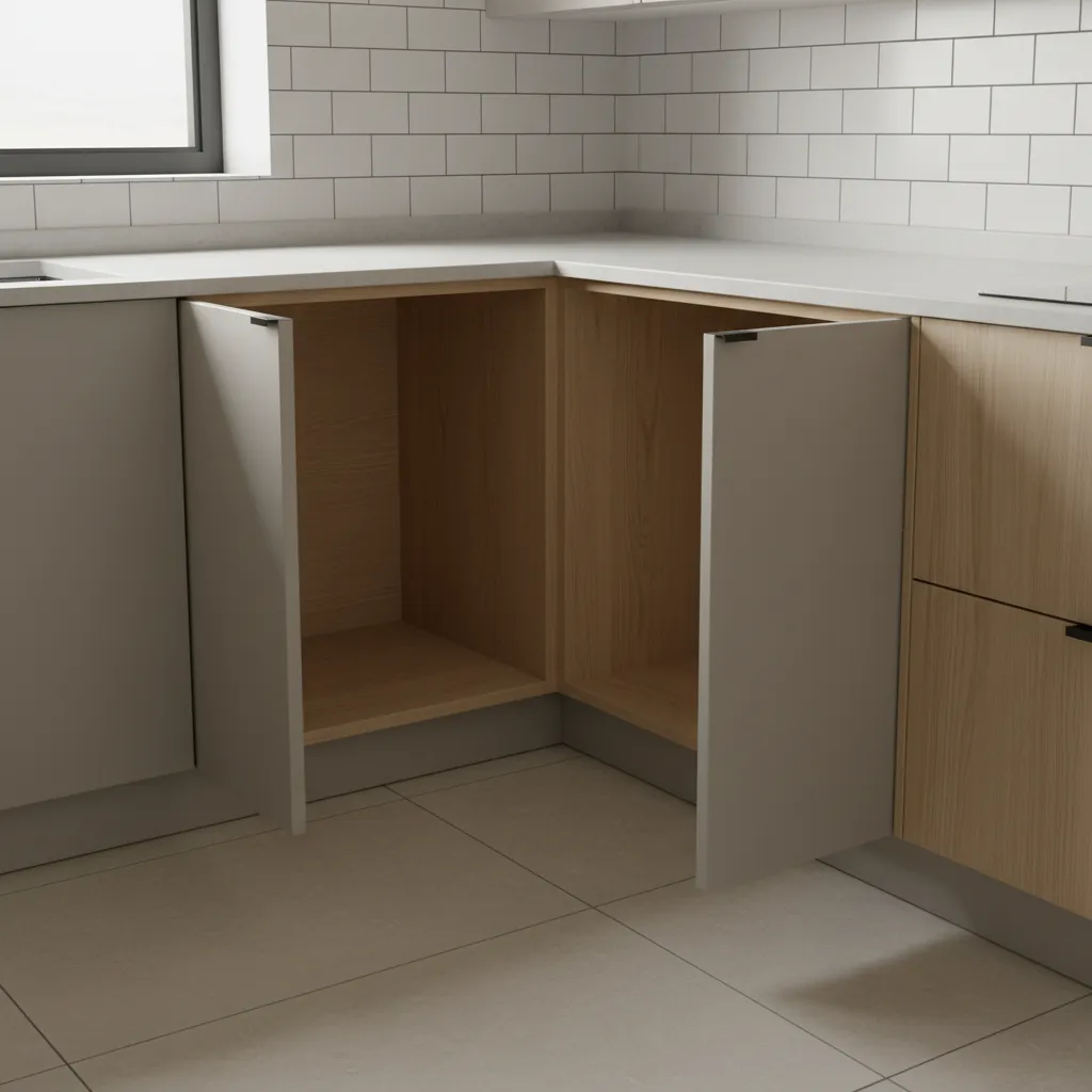 Kitchen corner cabinet area showing deep hard-to-reach storage space